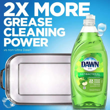 Liquid dish soap bottle with Dawn Ultra antibacterial label and 2X grease cleaning power