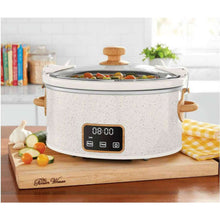 Portable speckled slow cooker with clear glass lid, wood-style handles, linen color