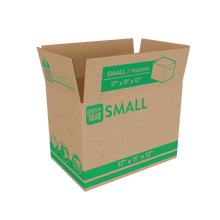 Kraft small moving box with open top flaps and green “SMALL” label