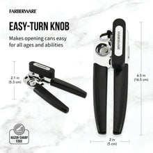 Portable can opener with Easy-Turn knob, black handle, and stainless steel roller