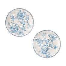 Set of 2 blue stoneware appetizer plates with blue floral pattern and scalloped edge