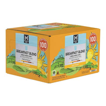 Light roast coffee pods box with Breakfast Blend labels on two sides and 100 cups badge