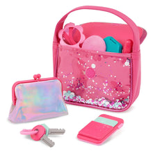 Pink glitter toy purse with handle plus mini wallet bag, keys, and card accessories