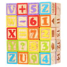 Stacked wooden alphabet blocks with colorful letters, numbers, and a plus sign block