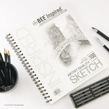White spiral sketching paper pad with Bee Inspired cover, pencils and sketch supplies