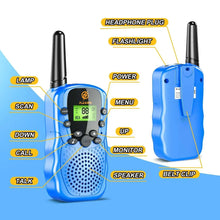Blue kids walkie-talkie with labeled buttons, speaker, belt clip, and headphone plug