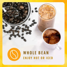 Whole bean coffee with cups, 'Whole Bean enjoy hot or iced' graphic