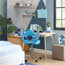 Blue Stitch kids desk chair with padded seat, swivel column, and rolling caster feet