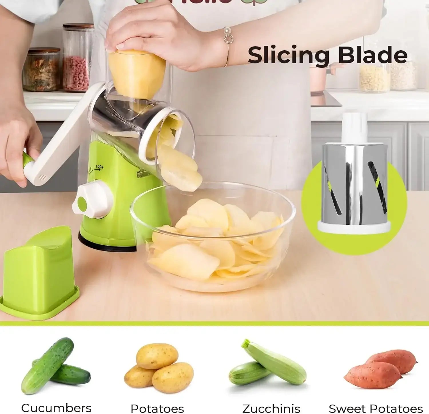 3 in 1 Cheese Grater Rotary, Cheese Shredder Grater for Kitchen Grater Slicer with 3 Replacement Blades, Potato Slicer Vegetable Chopper with Suction Base