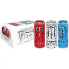 Monster Energy Ultra variety pack with red, silver, and blue 16 oz cans