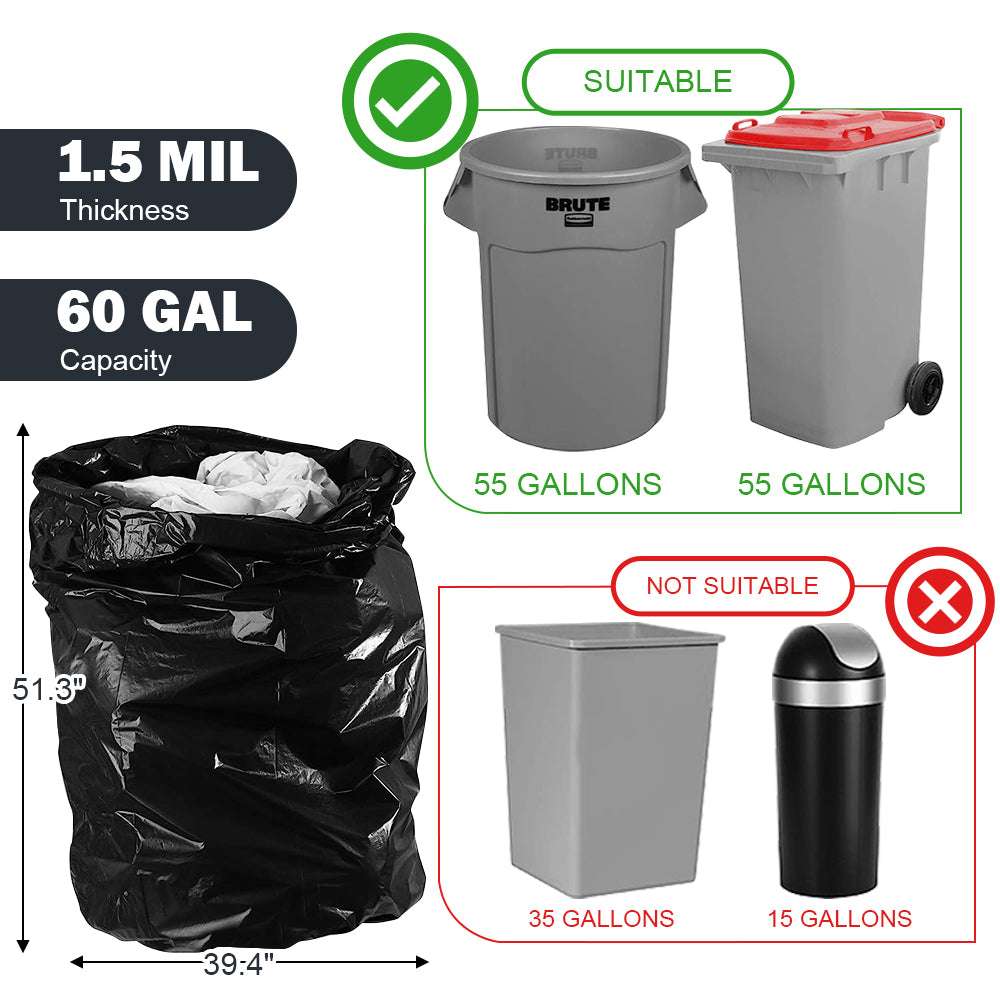 55 Gallon Trash Bags, Heavy Duty Outdoor Garbage Bags (60 Count) for Waste, Lawn and Leaf ,1.5 Mil