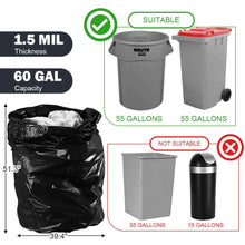 Black trash bags in a bundled pile, with thickness and capacity graphic