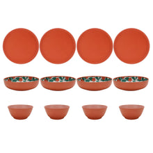 Orange dinnerware set: round plates and bowls with textured patterned rims
