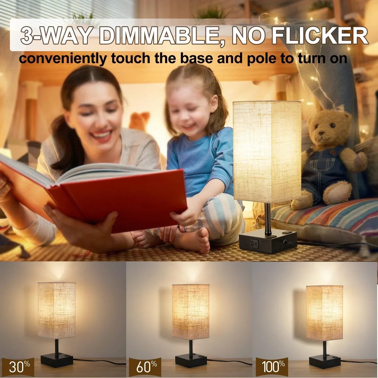 Walchoice Touch Control Table Lamp for Bedroom, 3-Way Dimmable Desk Lamp with USB A+C Charging Ports & 2-Prong AC Outlets, Nightstand Lamp with Rectangular Flaxen Shade - USA MEGA SHOP