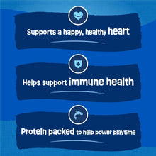 Dry cat food health icons: happy heart, immune support, protein for playtime