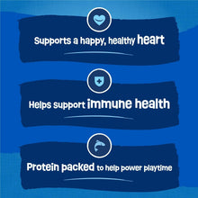 Dry cat food bag label for heart health, immune support, and protein