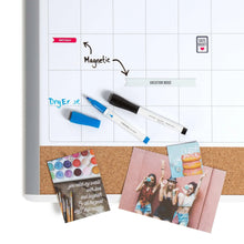 Dry erase calendar with magnetic pieces, markers, and photo papers attached