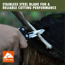 Stainless steel cutting blade on black multi-tool, with hinged tool head