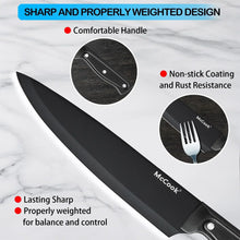 Black chef knife and fork with nonstick, rust-resistant coating and comfortable handle.