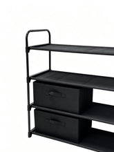 Black metal closet storage organizer with two fabric bins and top shelves