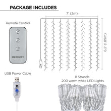 Curtain light set diagram: remote control, USB power cable, and 200 LED strands