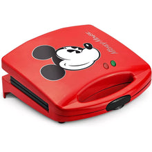 Red dual sandwich maker with Mickey Mouse character on the lid