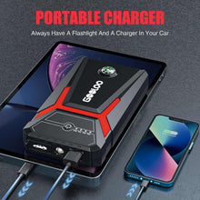 Black and red portable car jump starter with built-in LED light and charge panel