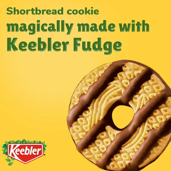 Keebler Fudge Stripes shortbread cookie with fudge stripes and waffle pattern, close-up