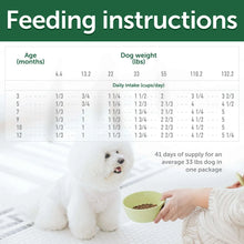 Feeding instructions chart for dry dog food with small white puppy and bowl