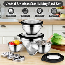 Stainless steel mixing bowl set with stackable bowls, lids, and grater attachment cases