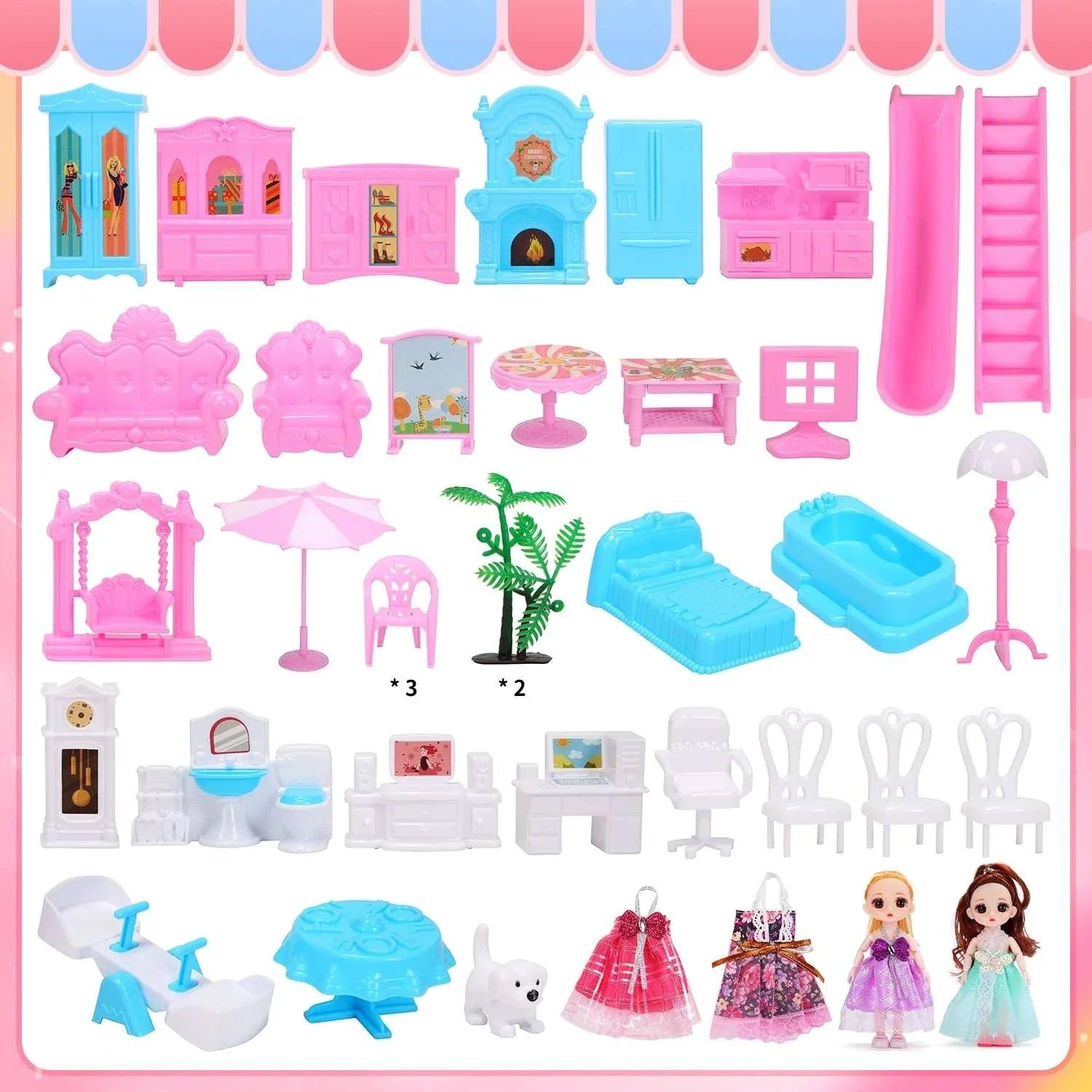JoyStone Play Dollhouse with Doll Toy Figures, 14 Rooms Furniture and Colorful Lights, Creative Doll House Gift for Girls Ages 3+, Assemble Required, Pink - USA MEGA SHOP