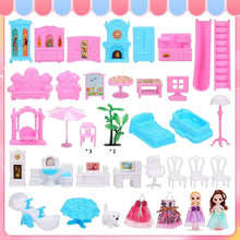 Assorted dollhouse accessories in pink and blue for doll play