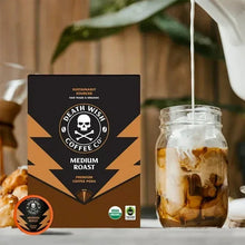 Medium roast organic coffee pods box with a jar of brewed coffee