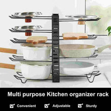 Multi-tier metal cookware organizer rack with stacked shelves for pots and pans