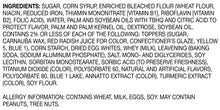 Ingredients panel for spring party cakes listing sugar, wheat, eggs, and soy.