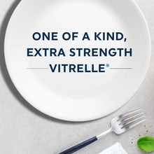 White glass dinner plate with 'ONE OF A KIND, EXTRA STRENGTH VITRELLE' text
