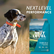 Dog with orange collar beside teal Next Level Hi-Pro 30 LS dog food bag