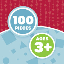 Play food set label showing 100 pieces and ages 3+.