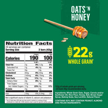 Nutrition facts panel on oats and honey crunchy granola bar pouches