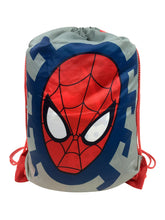 Drawstring storage bag with red Spider-Man face and blue geometric pattern