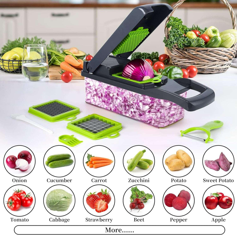 Vegetable Chopper, Pro Onion Chopper, 14 in 1Multifunctional Food Chopper, Kitchen Vegetable Slicer Dicer Cutter,Veggie Chopper With 8 Blades,Carrot Chopper With Container-kitchen essentials(Grey) - USA MEGA SHOP