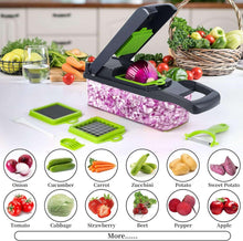 Vegetable chopper with black handle, green grater insert, and purple onion in container