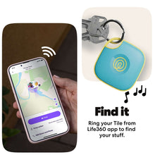 Aqua blue Bluetooth tracker tile with keyring loop, shown with smartphone
