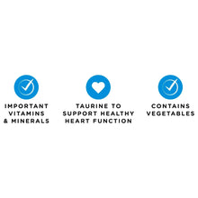 Nutrition icons: vitamins & minerals, taurine heart support, and contains vegetables