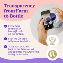 Bubs toddler formula information graphic showing a phone scanning a tin's QR code