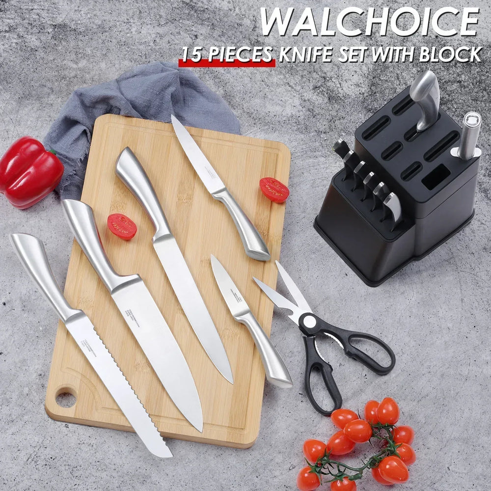 Walchoice 15 Pieces Knife Set with Block, High Carbon Stainless Steel Kitchen Knife Set with Sharpener, Rust Resistant & Dishwasher Safe - USA MEGA SHOP