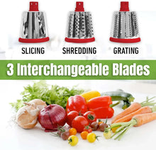 Red rotary cheese grater base with interchangeable slicing, shredding, grating blades