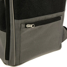 Zippered side pocket on gray pet backpack