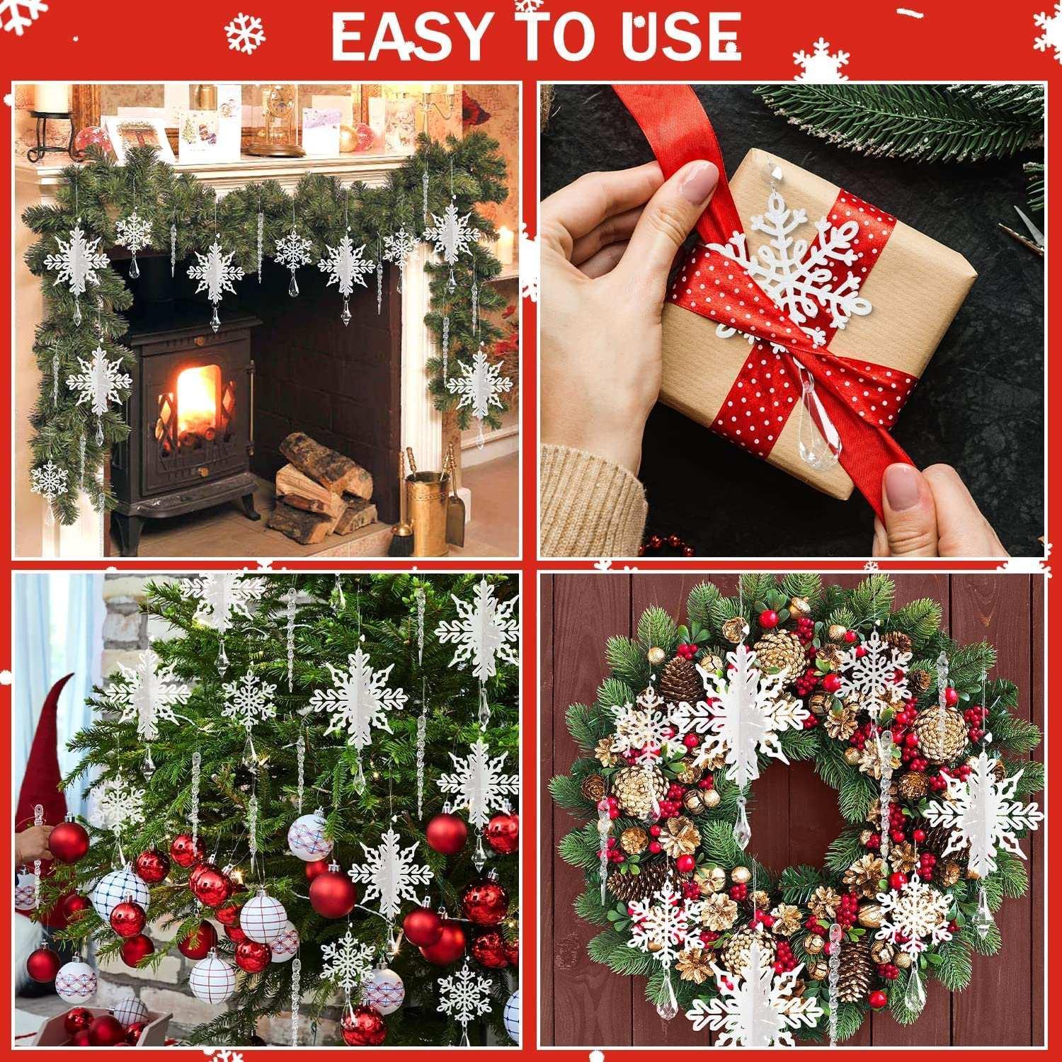 Ayieyill 24 Pieces Christmas Snowflake Drop Ornament Acrylic Icicle Christmas Hanging Acrylic Crystal Snowflake Decoration Hanging Acrylic Snowflakes (Clear) - USA MEGA SHOP