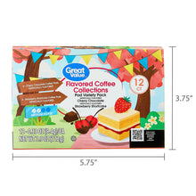 Flavored coffee pod variety pack box front with 12-count label and cherry strawberry